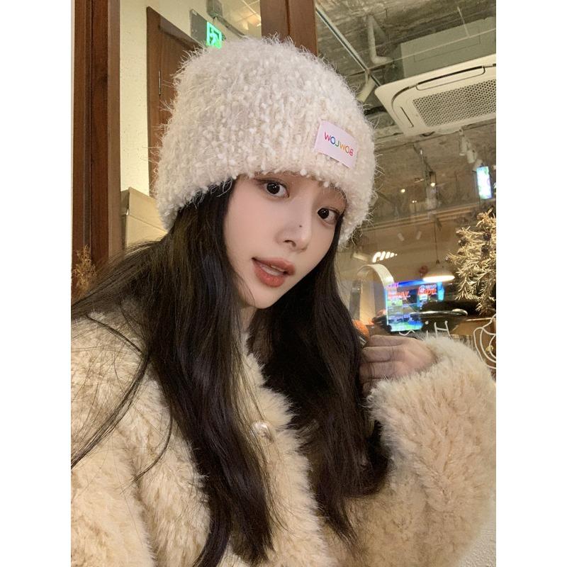 Red Woolen Hat for Women In Autumn and Winter Furry  Warm and Cold Proof Ear Protection Knitted Hat Sweet and Versatile Plush Hat