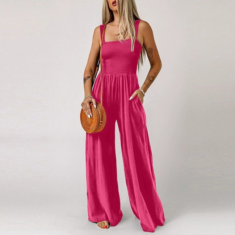 2024 Summer New Arrival Black Square Collar Smocking Jumpsuit Women European and American Leisure Slim Looking Suspenders Loose Pants Women