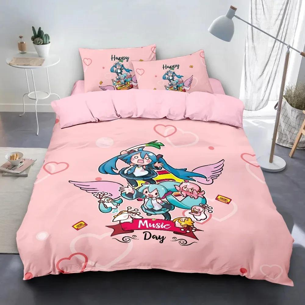 Kawaii H-Hatsune Miku Ensemble de literie Bleu Anime Housse de couette Taies d'oreiller Mignon Imprimé Miku Couette Chambre d'adolescente Décoration Simple Double 100x135cm (2pcs)