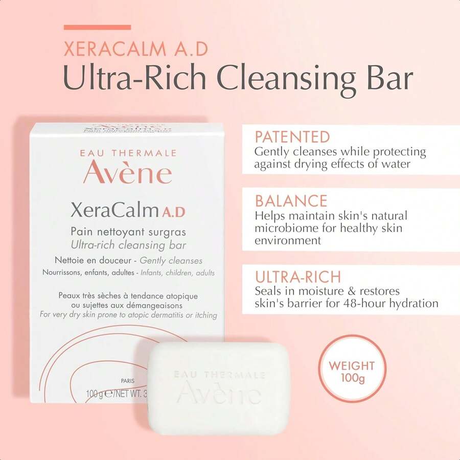 Avene Xercalm A.D Überfettende Reinigungsseife für atopische Dermatitis 100 G, zu Ekzemen neigende Haut, parfümfrei