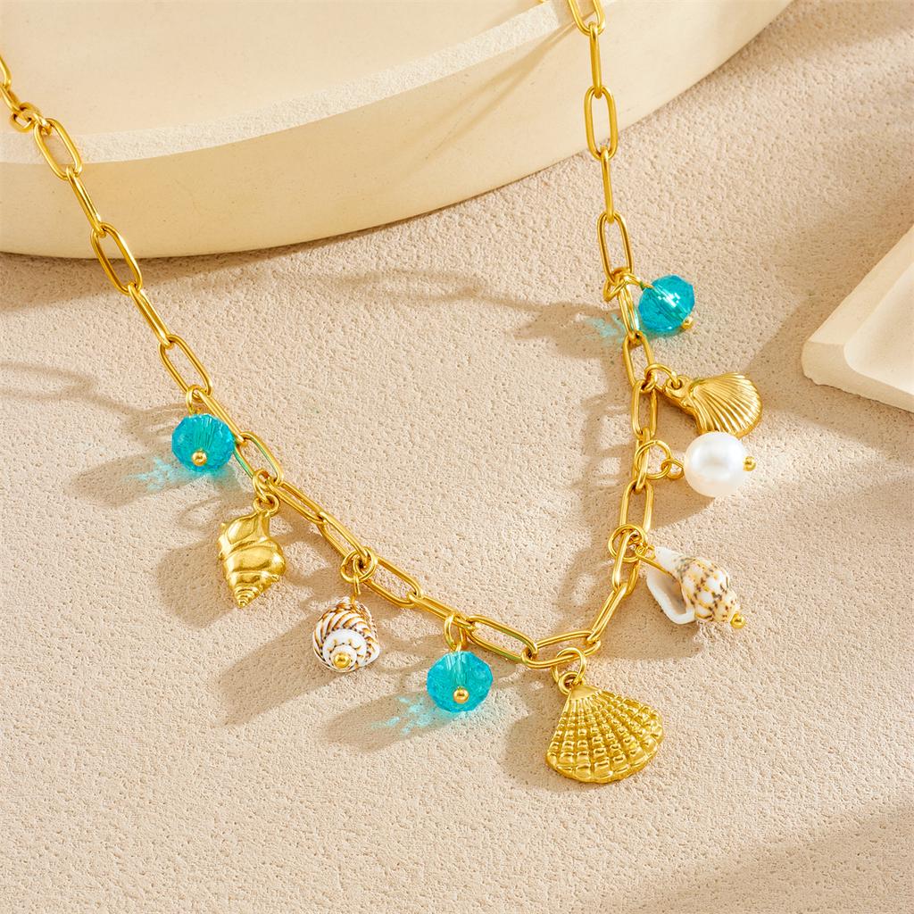 316L Stainless Steel Blue Crystal Shell Conch Pearl Pendant Necklace Women Fresh Ocean Style Neck Chain Jewelry Gifts