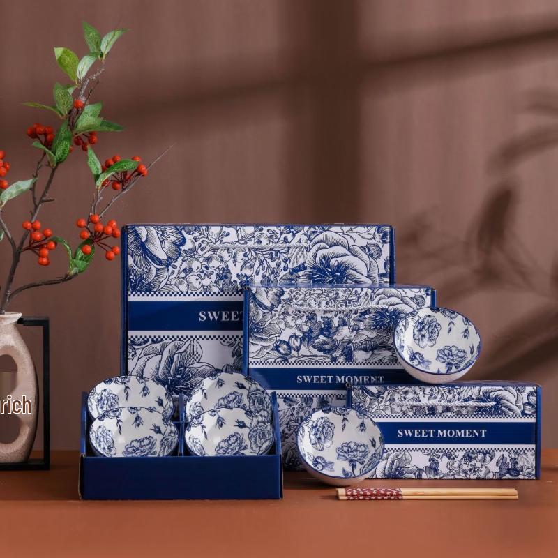 Ru Han Blue Rose Ceramic Bowl & Chopstick Gift Set
