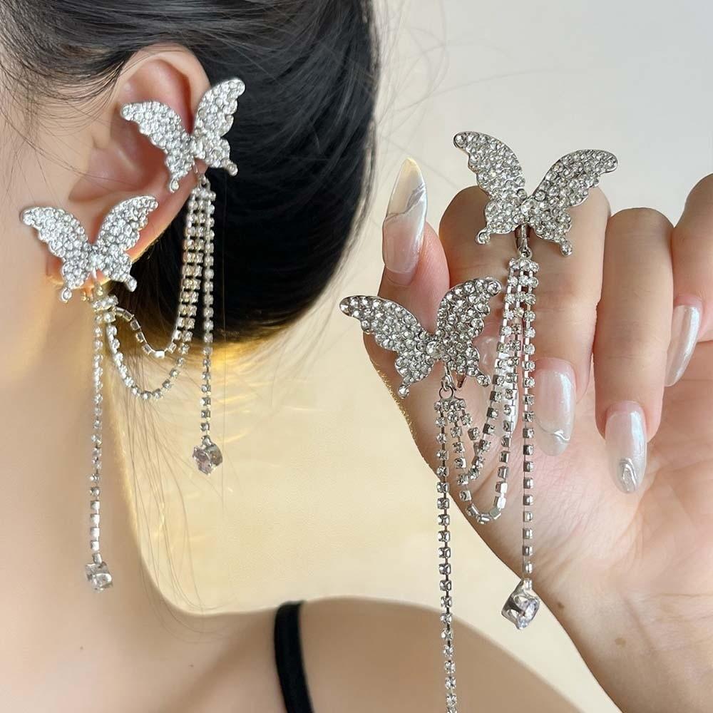 1 pair Luxury Silver Tassel Ear Clip Long Shiny Temperament Eardrops  Women