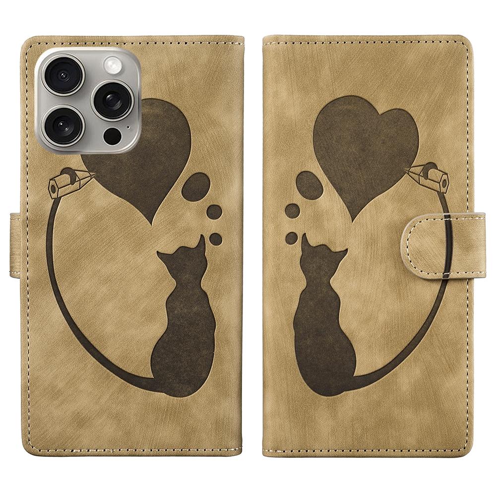For iPhone 16 Pro Max Case Heart Cat Folding Stand PU Leather Phone Cover