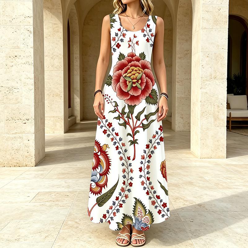 Women's Sleeveless Bohemian Maxi Dress Large Floral Print Lightweight Flowy Slimming Summer Casual Versatile Daily Outing Dress