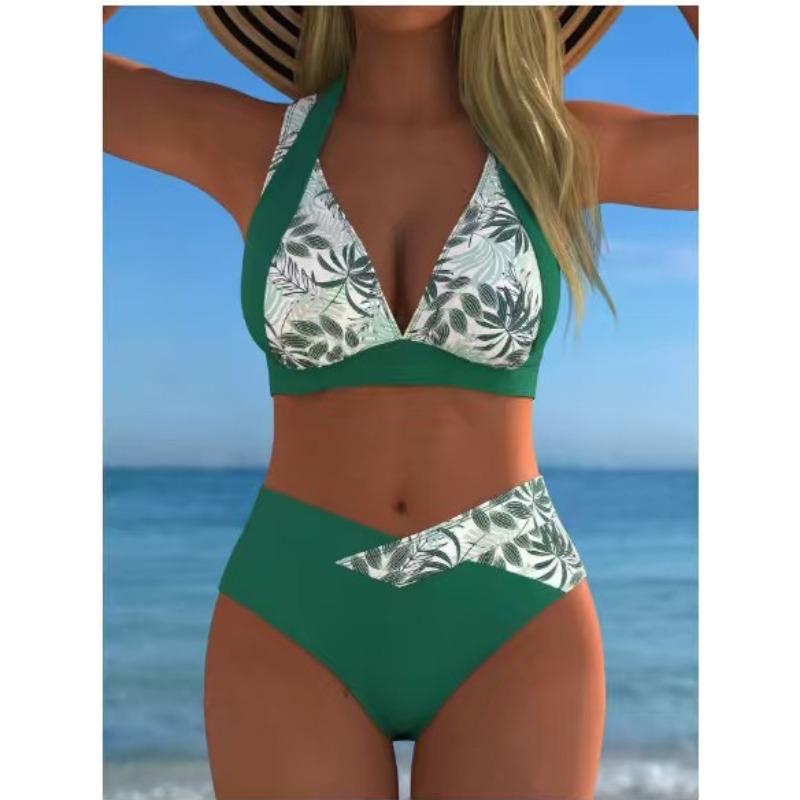 Costume da bagno Bikini da donna con stampa a splicing europea e americana, scollo arricciato, costume da bagno da spiaggia a due pezzi a vita alta per coprire la pancia e sembrare snelle