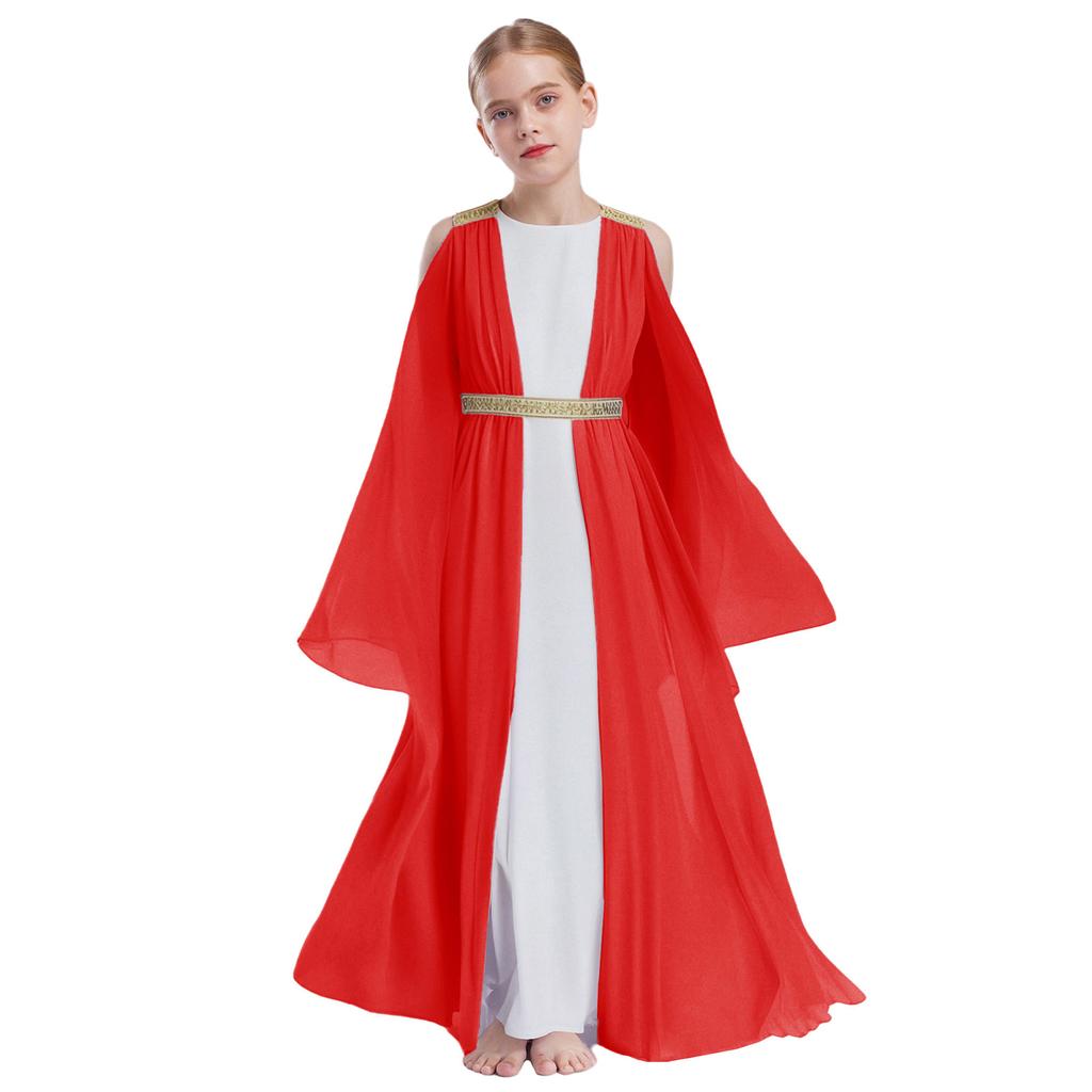 Girls Ancient Greek Roman Cosplay Costume Long Sleeve Golden Embroidery Dress Tulle Patchwork Halloween Gown