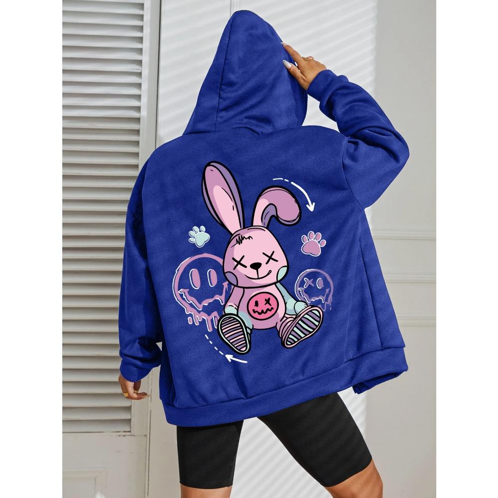 Cute Tags Cartoon Footprints Rabbit Print Women Zipper Hoody Hoodies Autumn Casual Zip-Up Clothes Pocket Hoodie