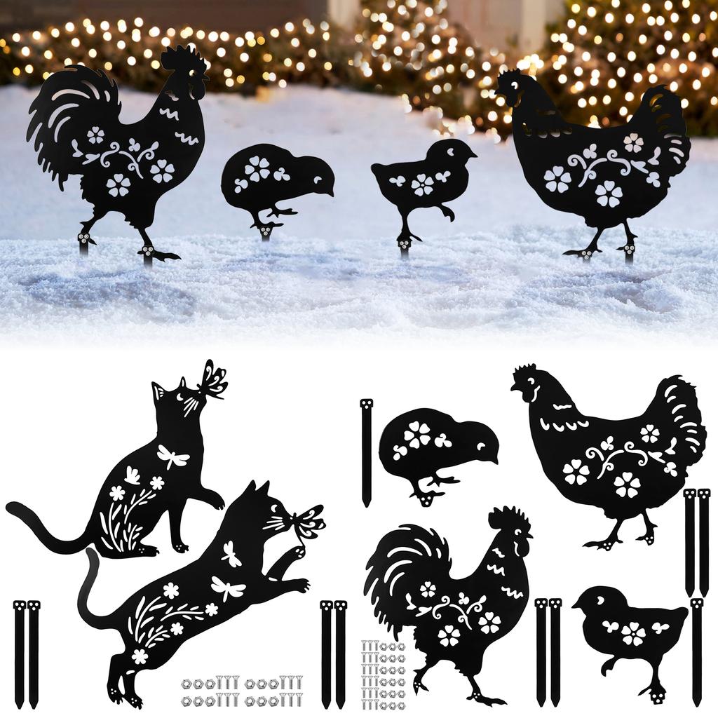 Garden Animal Silhouette Stakes Cat Chicken Iron Metal Statues Decorative Lawn Yard Outdoor Finish Hollow out Stakes