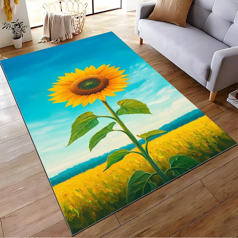 Sunflower Pattern Carpet with Bright Yellow and Blue Landscape Suitable for Use As an Anti-slip for Living Room Bedroom Sofas