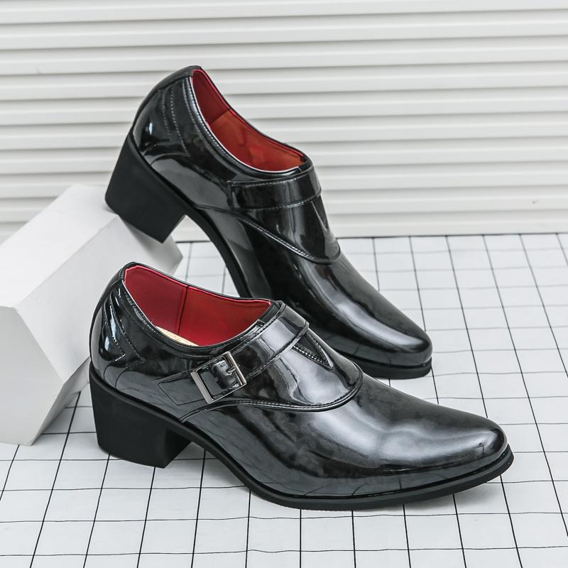 Fashion Fashion Black Buckle Dress Shoes Man Comfortable Slip-on Luxury Leather Shoes Man High Heels Pointed-Toe Man Shoes Plus Size 46