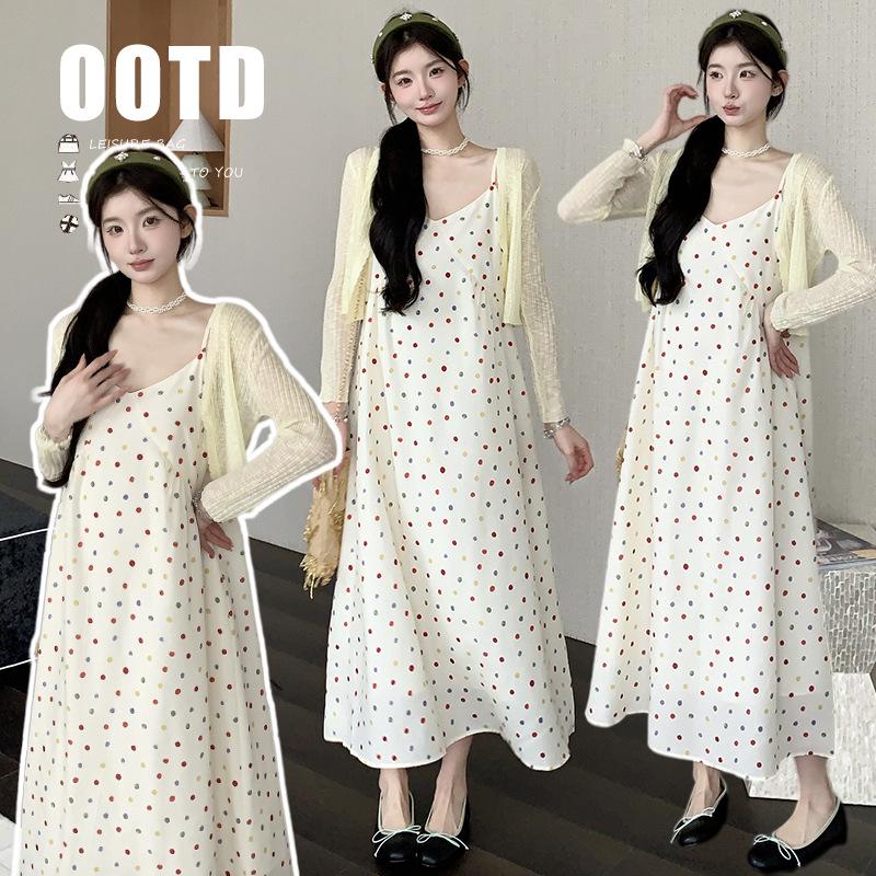 2026 Summer Maternity Fashion: Sun Protection Cardigan & Loose Polka Dot Camisole Dress Set M