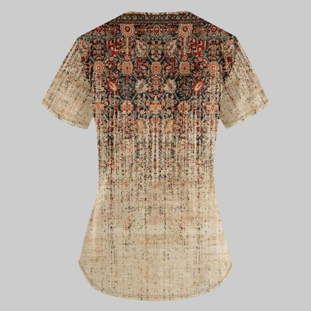 Modische bedruckte Damen-Arbeitsuniform mit Taschen-T-Shirt, kurzärmeliges Oberteil
