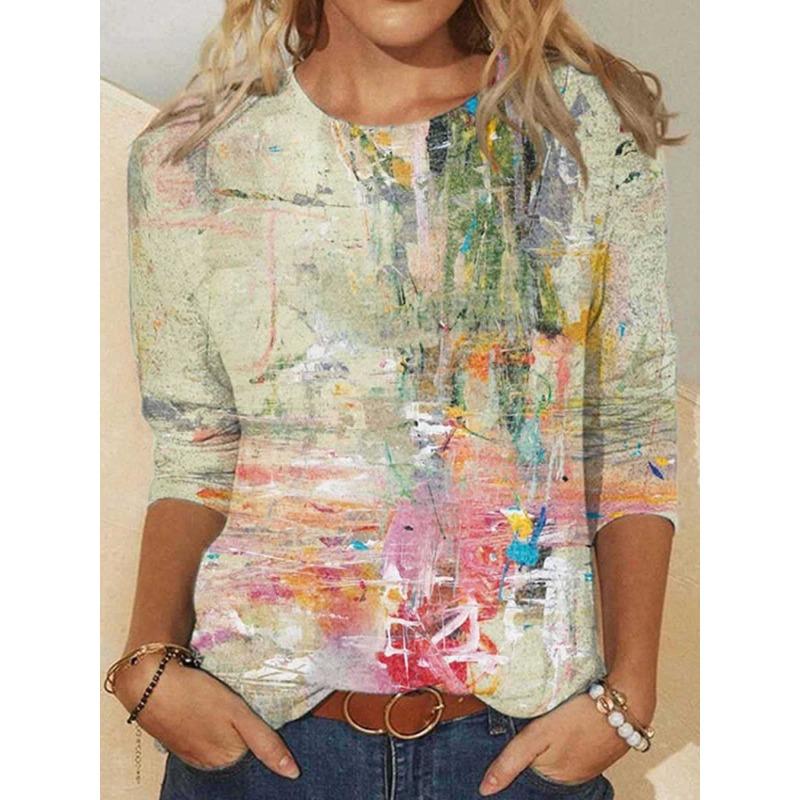 Round Neck 3D Gradient Color Printed Top Fashionable Casual Long Sleeved Women's T-shirts