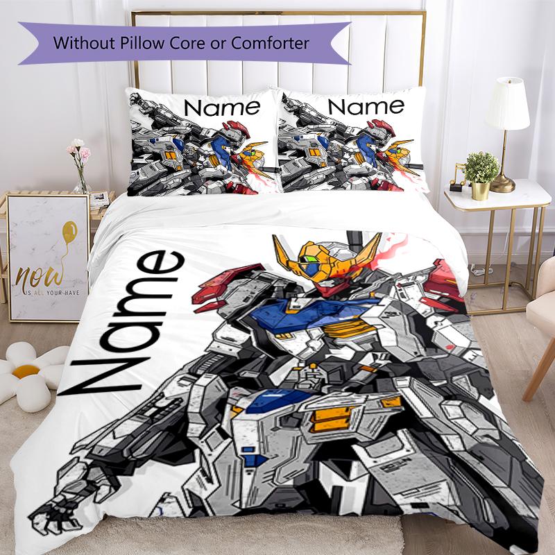 3pcs Custom Name Cartoon Mobile Suit Gundam Bedding Set Duvet Cover Closure Includes 1 Duvet Cover & 2 Pillowcases for All Seasons Bedroom Decor