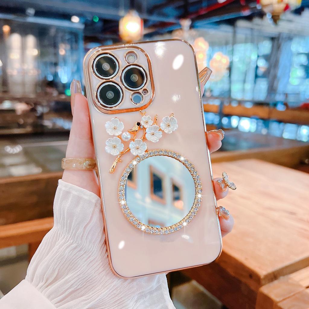 Flower mirror new iPhone15promax Apple 13 mobile phone case 16pro all-inclusive 14 soft case 12 women 11