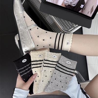 Summer Lightweight Ankle-length Sheer Mesh Dotted Stacked Socks, Versatile Long Socks, Pure Cotton Women's Socks
