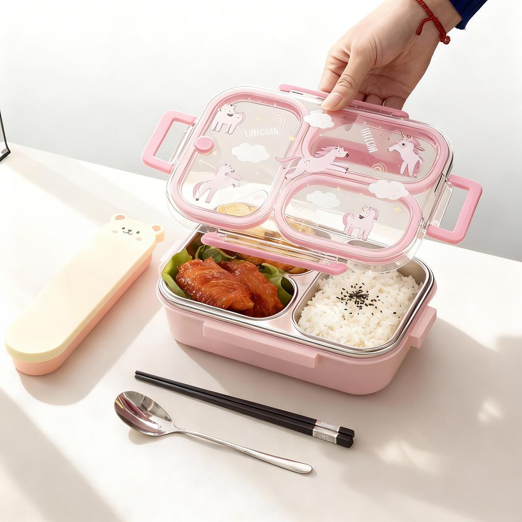 Large Capacity Cartoon Handheld Lunch Box For Kids Students Portable Sealed 304 Stainless Steel Divided Food Container Heatable