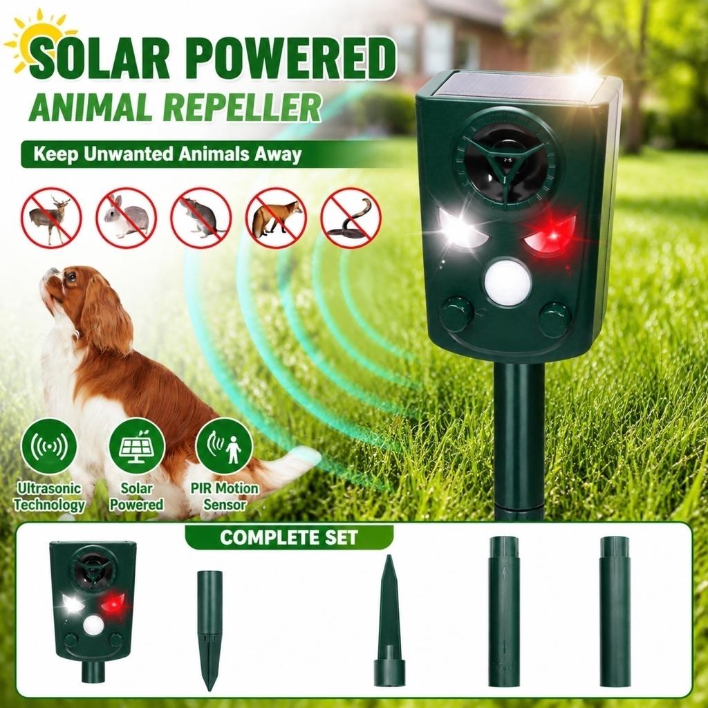 Solar Powered Ultrasonic Animal Repeller Outdoor Pest Control Device with Infrared Sensor for Repelling Cats Dogs and Other Animals