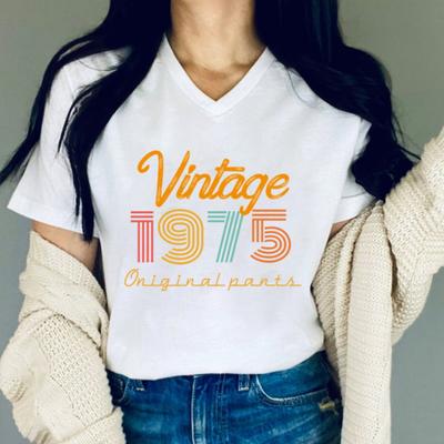 Summer Womens Tops Tees Vintage 1975 Original Graphic T Shirts Women's Birthday Gift Born 1975 V-neck Retro Short Sleeve T-shirt