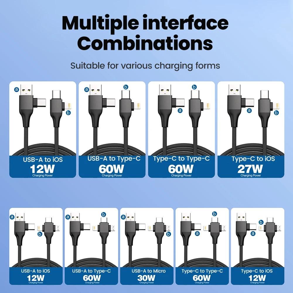 Cablu de încărcare USB C 5-în-1 Cablu de încărcare Tip C Cablu 4 în 1 USB Tip C Încărcare rapidă PD 65W 27W pentru IPhone Samsung Xiaomi