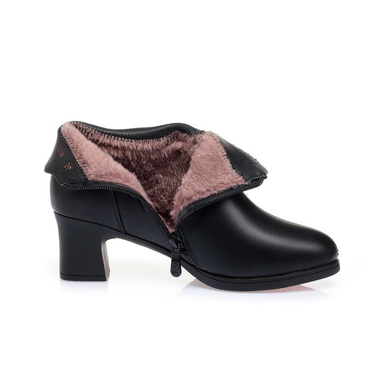 Fashion Middle-aged Elderly Mothers Winter Plush Warm Non-slip Leather Boots Mid-heeled Women's Ankle-length Red Short Boots