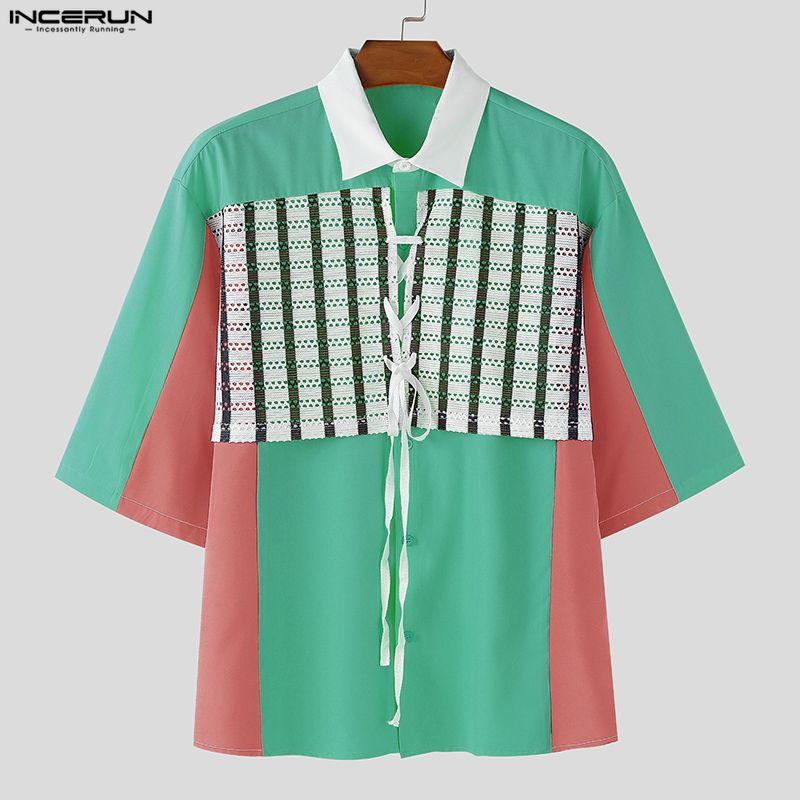 INCERUN Men Lapel Neck Short Sleeve Stitching Lace Splicing Casual Oversized Shirts