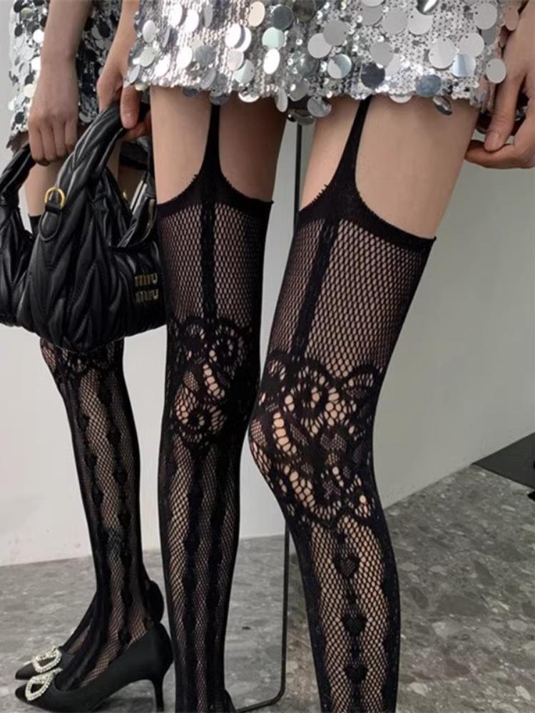 Hollowed Out Lace Fishnet Suspender Socks Women Sexy Slim Nylon Mesh Thigh High Stockings White Tights Open Crotch Pantyhose