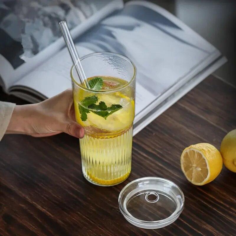Ins Stripe glasskopp med lokk og sugerør Gjennomsiktige drikkeglass Iskaffekrus Juice Tekopp Vannkopper Drikketøy