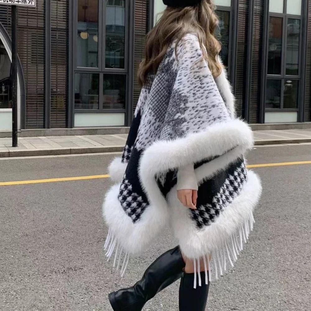 Custom Made Women Loose Faux Fur Ball Winter Warm Cardigan Shawl Cape Oversize Lining Velvet Cloak Overcoat Poncho Overcoat