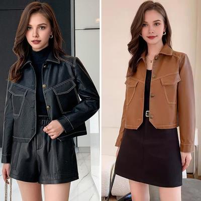 Women Jacket Faux Leather Smooth Surface Turn-down Collar Single-breasted Flap Pockets Long Sleeves Motorcycle Coat Plus Size Travel Outerwear