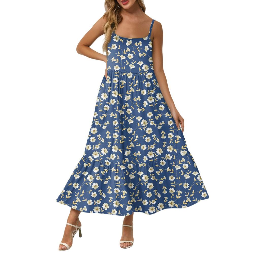 Damen Long Beach Casual Elegant Spaghettiträger Maxikleid Nähte Zurückhaltend Fließendes Bohemian Kleid