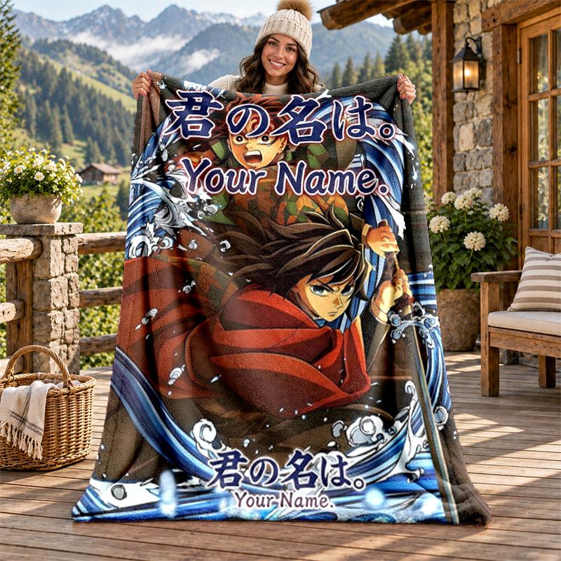 Akaza Demon Slayer Custom Name Flannel Blanket Personalized Soft Warm Plush Throw Blanket Customized Gift for Family Friends