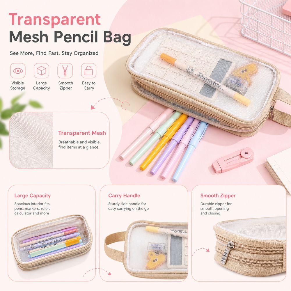 Transparent Mesh Pencil Bag Carry Handle Stationery Pouch Pen Organizer Bag School Office Supplies