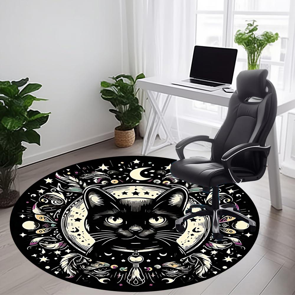 1 szt. Okrągły dywanik biurowy z kotem i księżycem, Mata odpowiednia do biura, Pod krzesła biurowe, Sypialni, Salonu, Wystroju domu, Dekoracja pokoju
