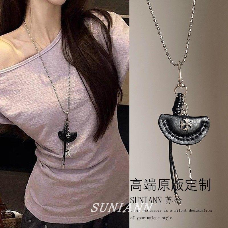 

Зеркало для макияжа в форме сердца, плетеное длинное ожерелье, женская цепочка для свитера, нишевый дизайн, съемный подвесной мешочек Cross Dumpling Bag Necklace