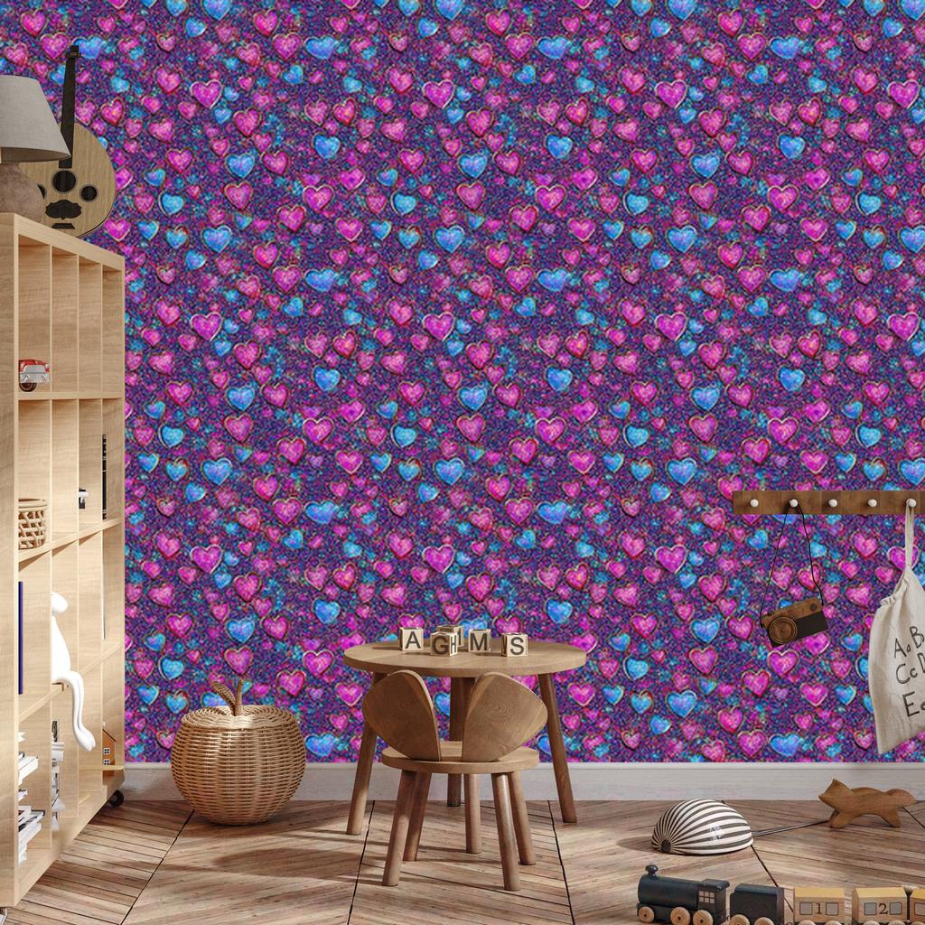 Neon Glitter Hearts Wallpaper Violet, Blue and Purple 50x1000