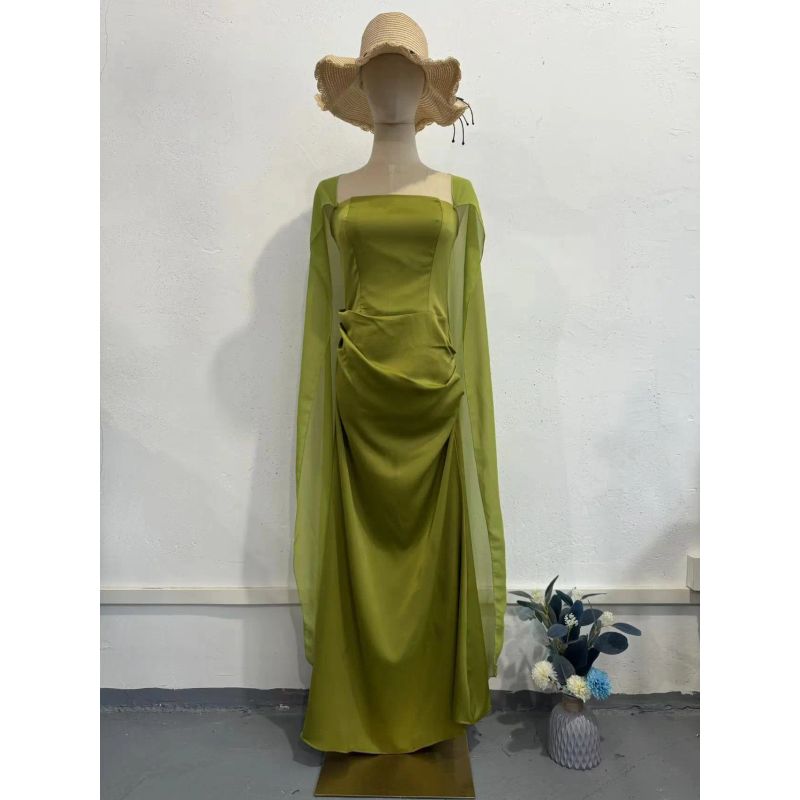 

European and American Fashion Temperament Design Sense Fairy Style Shawl Party Performance Formal Dress Dress Women Shawl Dress Green XXL