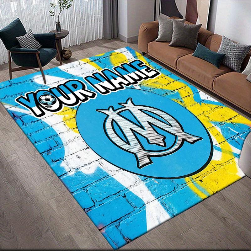 Custom Name,Olympique De Marseille Home Sofa Decoration for Living Room & Bedroom, Non‑Slip Play Flannel Floor Mat for Game Room