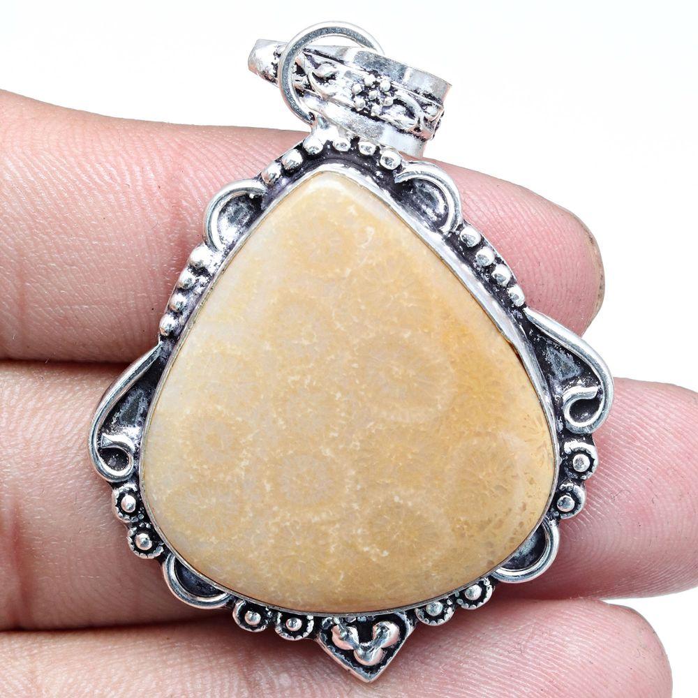 Pendant Fossil Coral Gemstone Gift For Her Silver Jewelry 2"