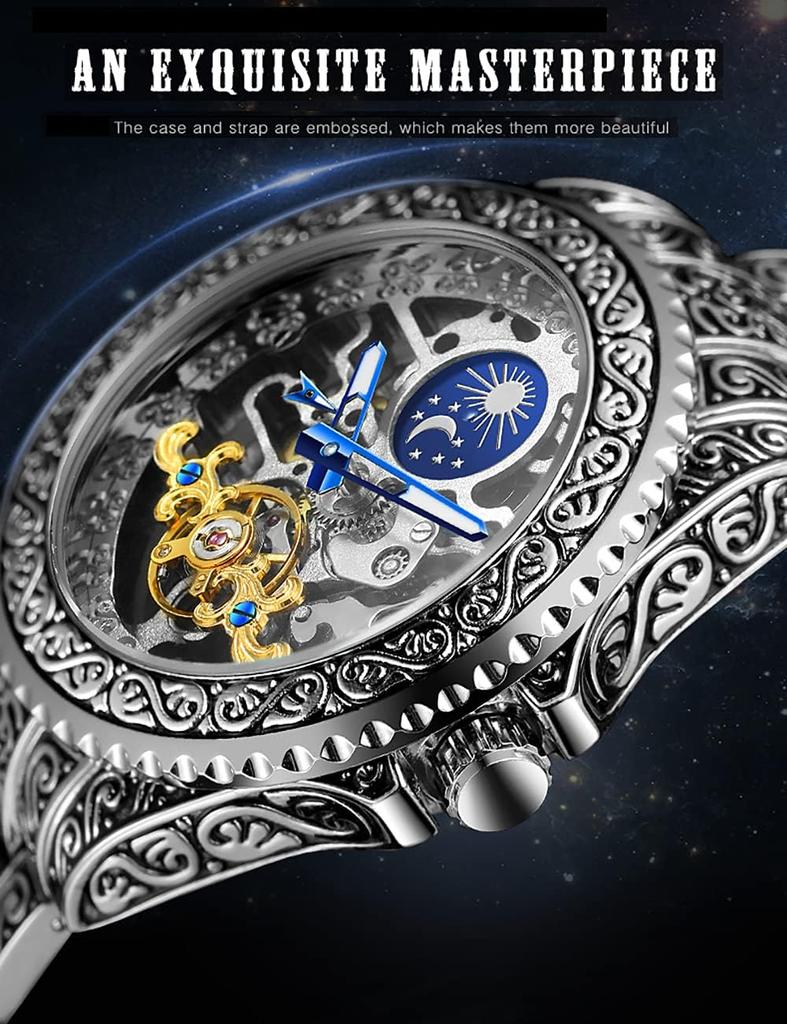 FORSINING Men's Retro Watch, Engraved Automatic Mechanical Tattoo Tourbillon Moon Phase Independent Seconds Hand Skeleton Automatic Large Dial Watch,