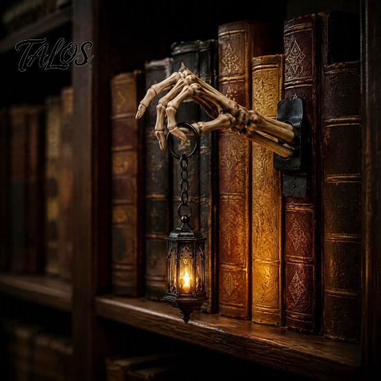 Dark Academia Home Accents Skeleton Hand Lantern Shelf Light, Warm LED Library Nightlight, Gothic Wireless Table Lamp Decorative Mini Bookshelf