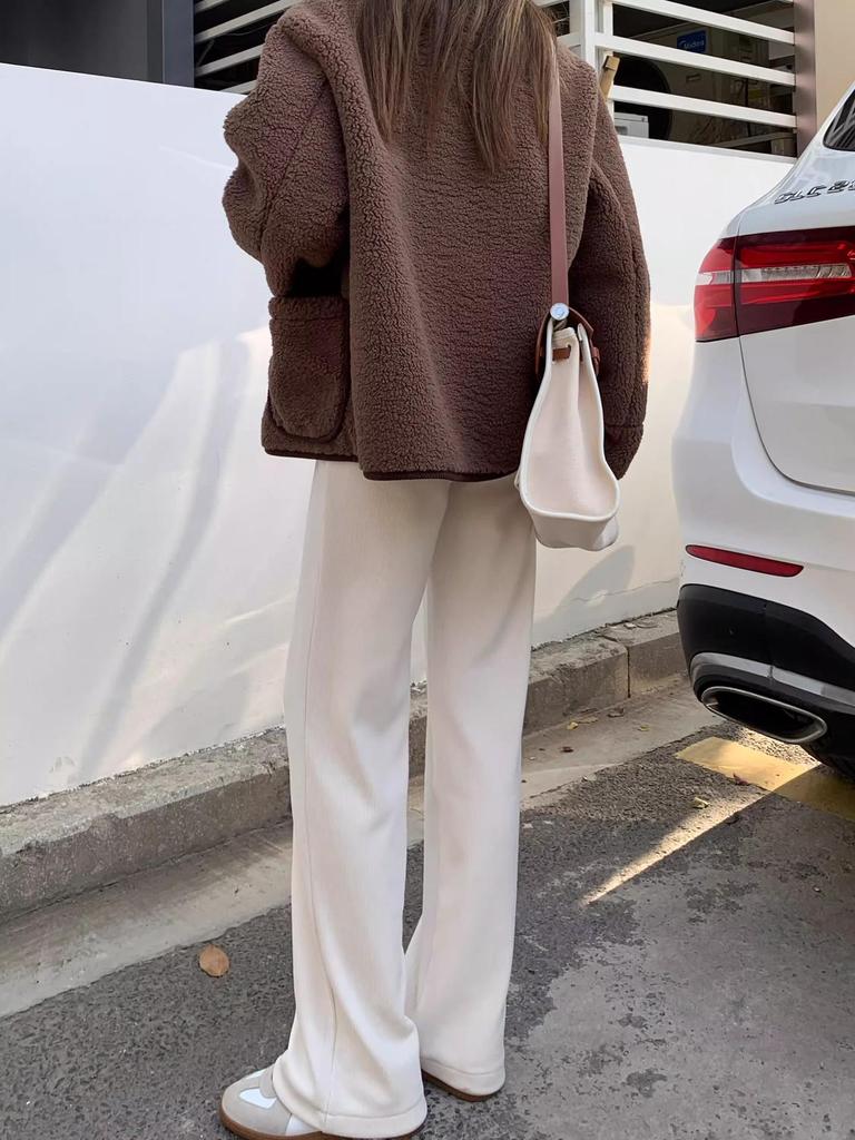 Damen Kaffeefarbene Chenille-Cordhose mit weitem Bein - Herbst/Winter Bodenlang, Lässig Gerades Bein - Weiß