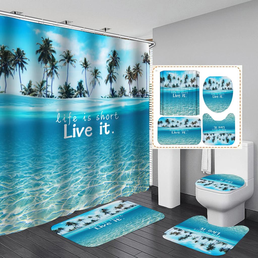 3D Dusk Beach Coconut Tree Waterproof Shower Curtains Purple Polyester Bathroom Sets Toliet Lid Cover Non-Slip Bath Mat Carpet