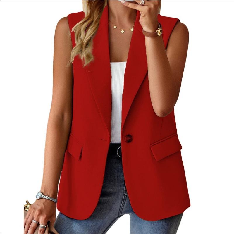 JPNTKY Women's Vintage Casual Solid Color Print Sleeveless POLO Neck Jackets & Coats