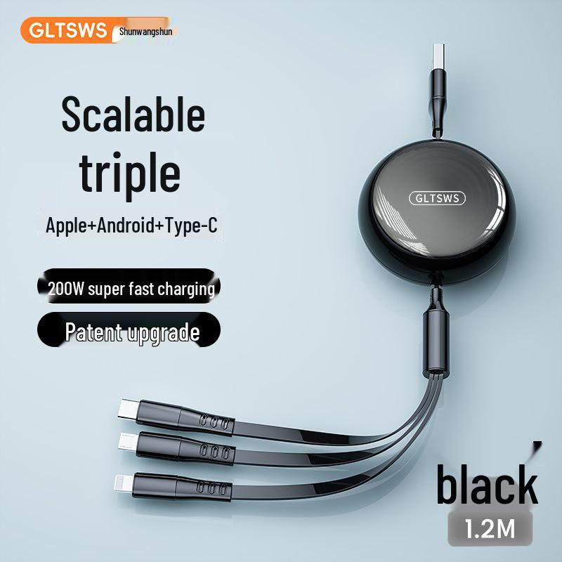 Shun Wang 120W Retractable 3-in-1 Fast Charging Cable for Apple & Huawei Phones