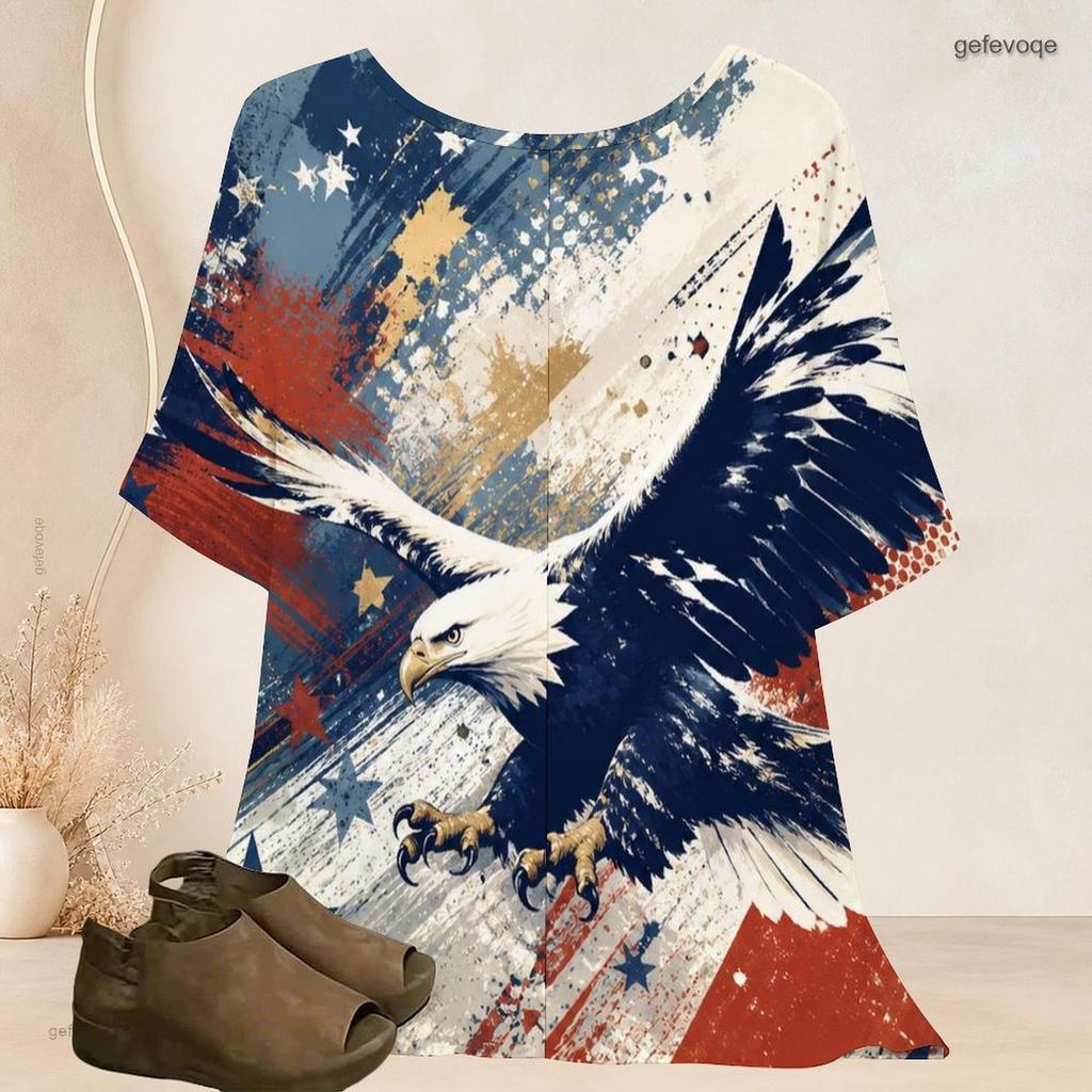 Women Plus Size Round Neck Batwing Short Sleeve Top Star Planet Cosmic Wave Print Loose Casual Tunic Blouse