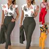 Floral Lotus Leaf Sleeve Top Solid Pants Set Women Casual 2 Piece Outfit with Belt
