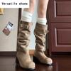 Platform Thick Heel Women Slip On Western Cowboy Boots Fashion Folded Pile Long Booties Female Shoes Autumn Winter