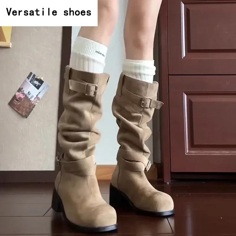 Platform Thick Heel Women Slip On Western Cowboy Boots Fashion Folded Pile Long Booties Female Shoes Autumn Winter